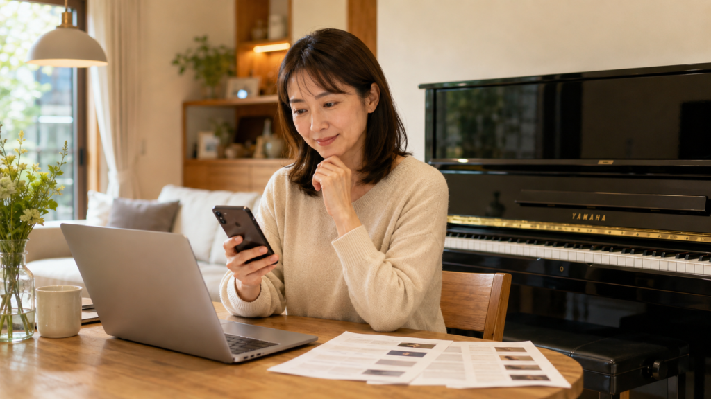 仙台でピアノ査定結果と売却条件を比較する女性