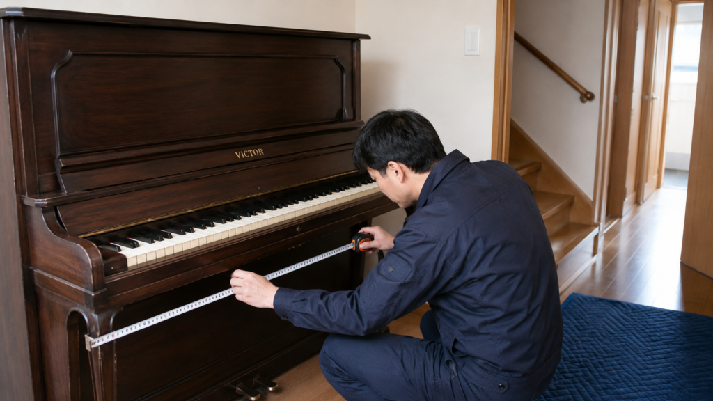 VICTORピアノの搬出経路とサイズを確認する作業員