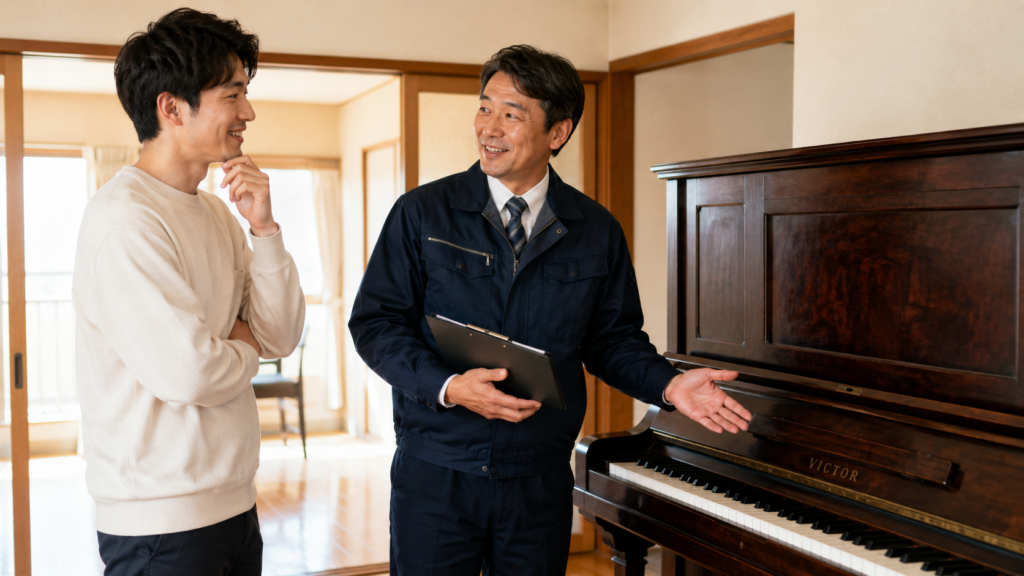 古いVICTORピアノの引き取り条件を業者と確認する様子