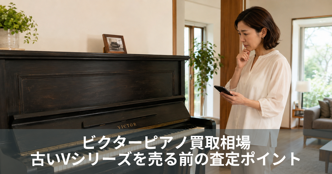 古いVICTORピアノの買取査定を検討する女性