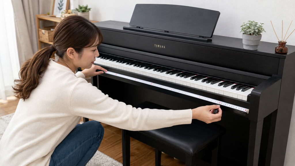 ヤマダデンキへ確認するため電子ピアノのサイズを測る女性