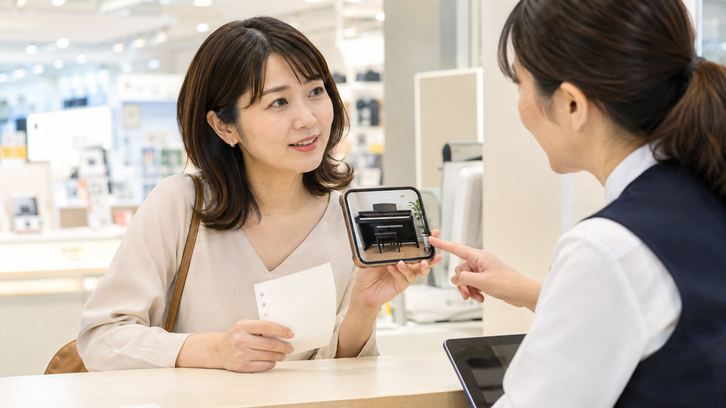 電子ピアノの引き取り条件を店舗スタッフに確認する女性