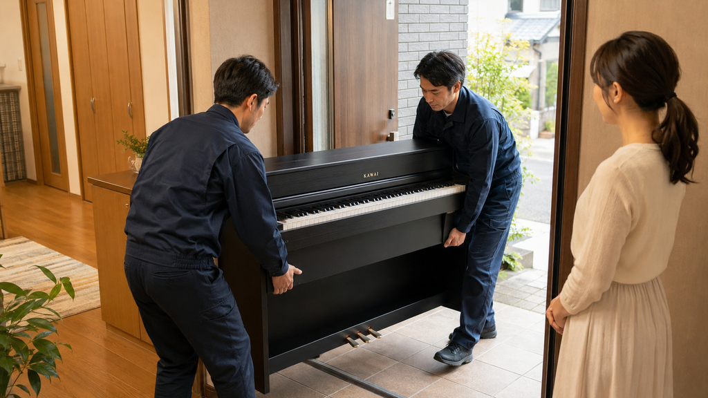 専門作業員が電子ピアノを住宅から搬出する様子