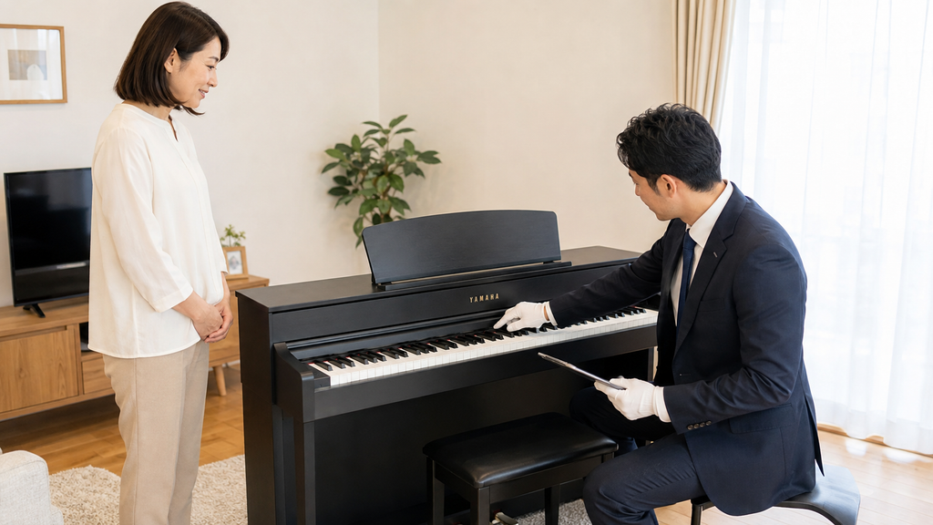 処分前にYAMAHA電子ピアノの状態を査定してもらう様子