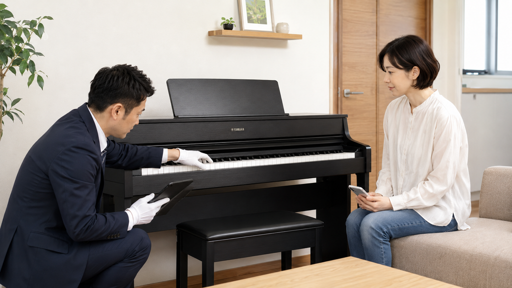 ヤマハ電子ピアノの査定前に状態を確認する様子