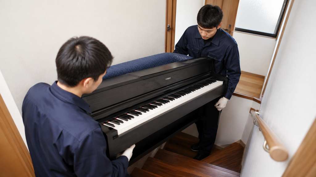 ヤマハ電子ピアノを階段から慎重に搬出する作業員