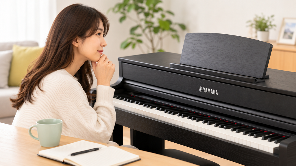 ヤマハ電子ピアノの買取査定を検討する女性