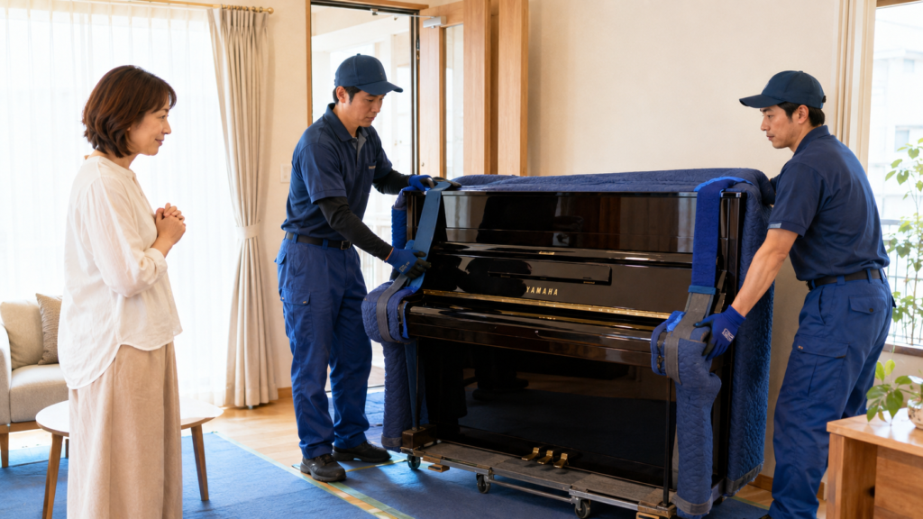 YAMAHAアップライトピアノを専門業者が養生して搬出する様子
