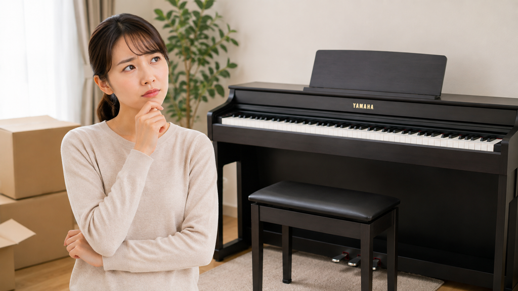 電子ピアノの引き取りや処分方法を検討する女性